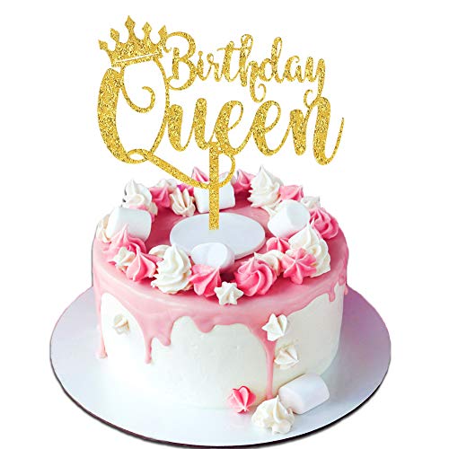 Product Cover Palksky Queen Birthday Cake Topper Acrylic Durable Gold Glitter Queen Cake Decorations for Girl Women 16th 18th 21st 30th 40th 50th 60th 70th 80th 90th 100th Birthday Party Decoration
