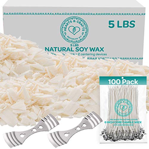 Product Cover Hearts and Crafts Soy Wax and DIY Candle Making Supplies | 5lb Bag with 100 6-Inch Pre-Waxed Wicks, 2 Centering Devices
