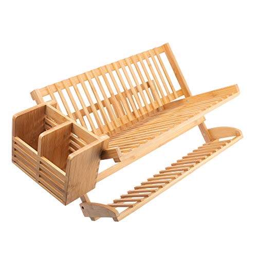 Product Cover Bamboo Dish Drying Rack w/ Utensil Dish Drainer by Panda Lux Homeware | Collapsible Foldable Dish Drainer | For Big plates, Cups, Mugs, Utensils | Eco-Friendly | Large 2-Tier Double Sided