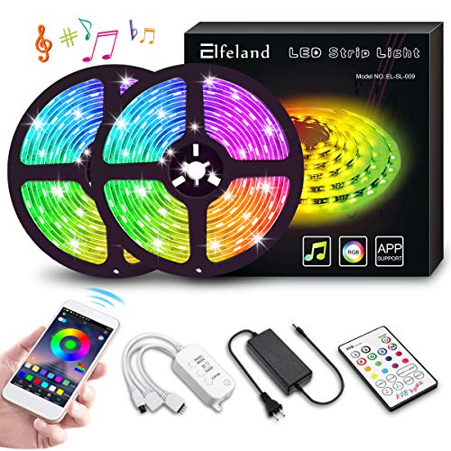 Product Cover LED Strip Lights, Elfeland 32.8ft 10m 300 LEDs IP65 Music Sync Color Changing Rope Lights SMD 5050 RGB Light Strips with APP Controller Tape Lights for TV, Bedroom, Party, Home Decoration