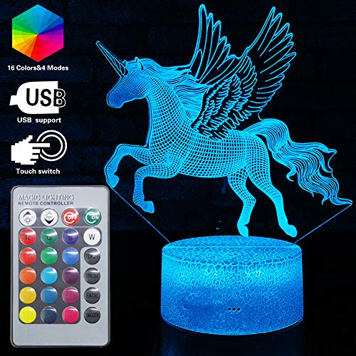 Product Cover 3D Unicorn Lamp LED Optical Illusion Lamps Light with Smart Touch&Remote Controller 16 RGB Colors Bday Xmas Party Gifts for Girls Kids Home Decor Bedroom Desk Decorations (Unicorn Fly(Remote))