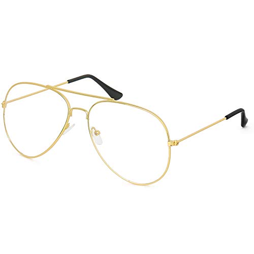 Product Cover Skeleteen Clear Lens Costume Glasses - 70's Style Aviator Gold Wire Rimmed Clear Sunglasses for Adults and Kids