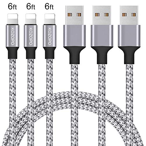 Product Cover iPhone Charger KOZOPO Fast Charging Nylon Braided 3Pack 6feet Durable High Speed Data Sync Cord Connector Extra Long Power Cable Compatible with iPhone Xs Max/XR/X/8/7/Plus/6S/6/SE/5S/iPad