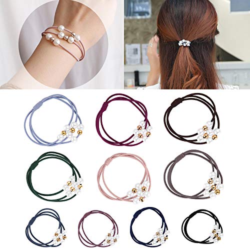 Product Cover Funtopia 20 Pcs Pearl Hair Ties 10 Colors Hair Ring with Beads Hair Bands Ropes Hair Elastic Bracelet Ponytail Holder Korean Hair Accessories for Women and Girls