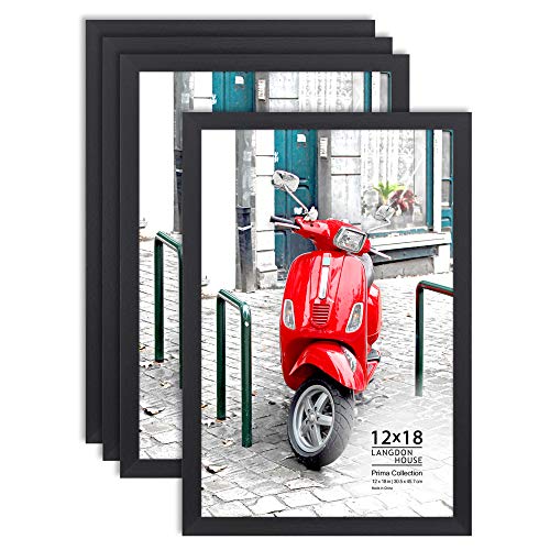 Product Cover Langdon House 12x18 Poster Frame (Black, 4 Pack), Gallery Picture Frame, Sturdy Wood Composite, Wall Mount Hooks Included, Prima Collection