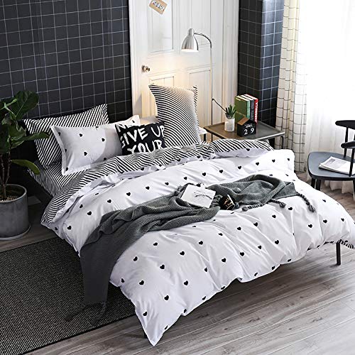 Product Cover Omelas 3pcs Heart Duvet Cover Set Queen Size Black and White Striped Reversible Full/Queen Bedding Set Soft Breathable Microfiber Duvets Cover Without Comforter