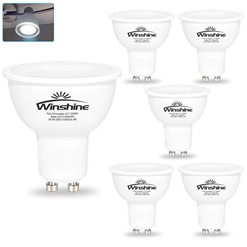 Product Cover 6W LED GU10 Light Bulbs, Winshine 5000K Daylight White, Non-dimmable, 50W Halogen Bulb Equivalent, 120 Degrees Beam Angle Spotlight, 550lumens, 120V, Pack of 6
