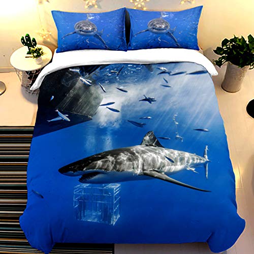 Product Cover Guidear Shark Style 3D Digital Print Bedding Sets with 2 Pillowcases Ocean of Fish Creative Cartoon Shark Print Duvet Cover Sets Soft Microfiber 3Pcs Quilt Cover Queen Size 90