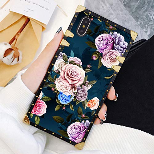 Product Cover Square Case Compatible iPhone Xs iPhone X Case Rose Flowers Luxury Elegant Soft TPU Shockproof Protective Metal Decoration Corner Back Cover iPhone XS/X/10 Case 5.8 Inch