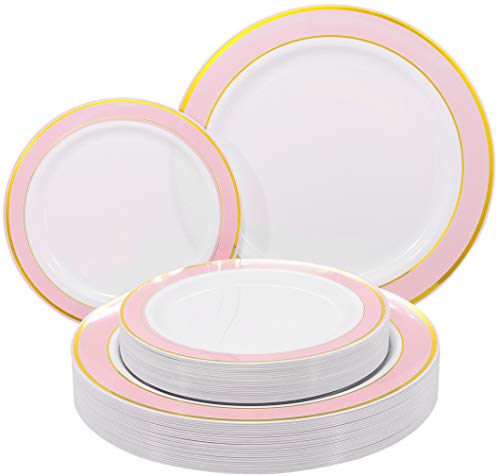 Product Cover NERVURE 102 PCS Pink with Gold Rim Disposable Plates-Wedding and Party Plastic Plates Include 51PCS 10.25inch Dinner Plates And 51PCS 7.5inch Dessert/Salad Plates - Value Pack 102 Count(Pink)
