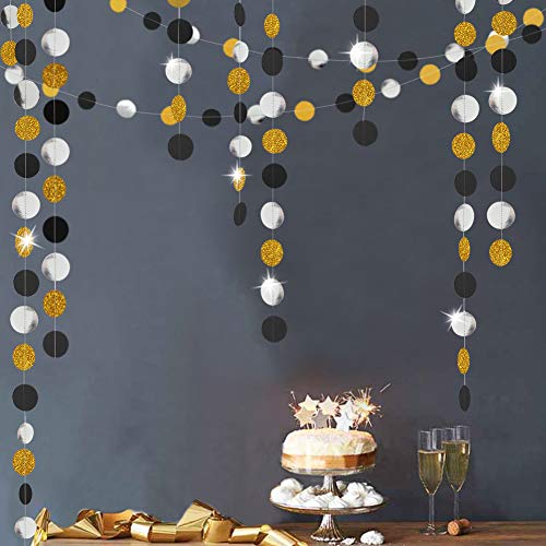 Product Cover Gold Back Circle Dots Garland streamers for Party Decorations Glitter Black Hanging Bunting Banner Backdrop Decoration for Birthday/Wedding/New Year/Graduation Party Supplies