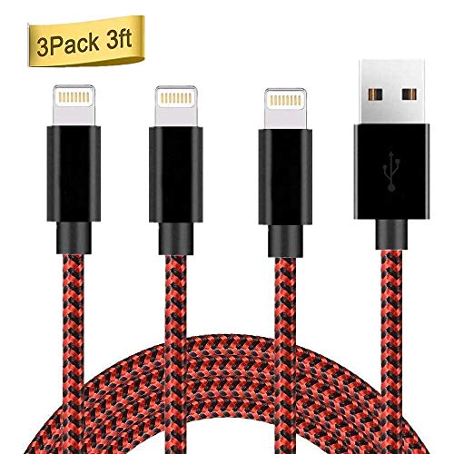 Product Cover SHARLLEN MFi Certified iPhone Lightning Cable 3Pack Nylon Braided USB Fast Charging & Syncing Long Cord Cell-Phone Cable Compatible iPhone Charger XS/Max/XR/X/8 P/8/7/7P/6/5 iPad/iPod(Black&Red,3FT)