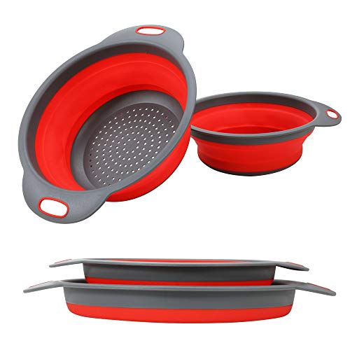 Product Cover Collapsible Colander, 2 Collapsible Set, Learja Food-Grade Silicone kitchen Strainer Space-Saver Folding Strainer Colander, Sizes 8 inches - 2 Quart, and 9.5 inches - 3 quart. (red)