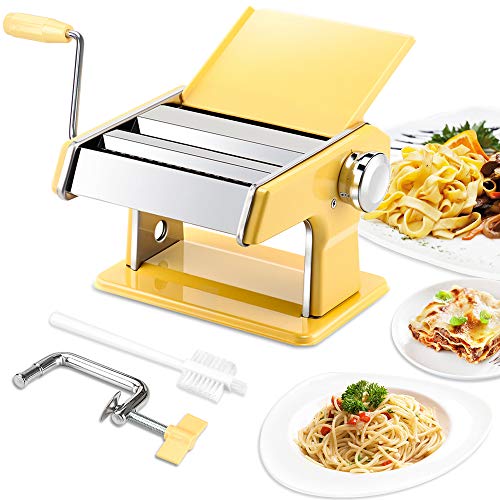 Product Cover elabo Pasta Machine - Stainless Steel Roller Pasta Maker - 7 Adjustable Thickness Settings Noodles Maker with Hand Crank, Perfect for Spaghetti, Fettuccini, Lasagna or Dumpling Skins