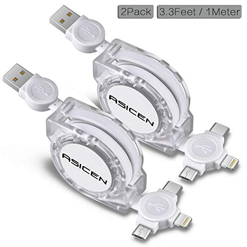 Product Cover 2-Pack ASICEN Retractable Multiple 3A Fast Charging Cable, Multi Charger Cord 3.3ft/1m 3 in 1 USB Charge Cord with Phone/Type C/Micro USB Connector for Phone/Galaxy s9/S8/S7/Hawei and More (White)