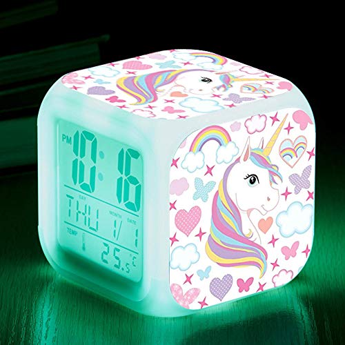 Product Cover Unicorn Digital Alarm Clocks for Girls, LED Night Glowing Cube LCD Clock with Light Children Wake Up Bedside Clock Birthday Gifts for Kids Women Bedroom (Lady Unicorn)