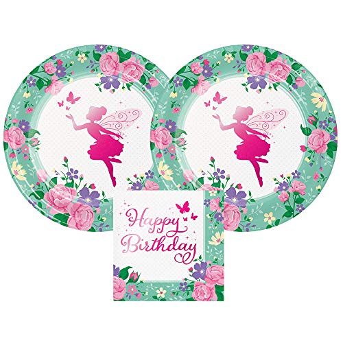 Product Cover Fairies and Flowers Pink Metallic Birthday Plates and Napkins, 16 Servings, Bundle- 3 Items
