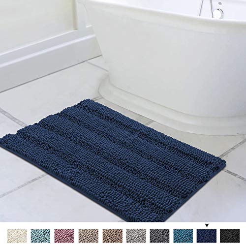 Product Cover Extra Thick Chenille Striped Pattern Bath Rugs for Bathroom Non Slip Soft Plush Shaggy Bath Mats for Bathroom Floor, Indoor Mats Rugs for Entryway (Navy, 32 inch x 20 inch)