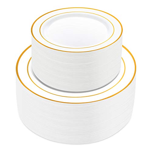 Product Cover 100 Pieces Gold Plastic Plates,HabiLife White Party Plates, Disposable Plastic Wedding Party Plates 50 Dinner Plates 10.2 inches and 50 Salad/Dessert Plates 7.5 inches ...