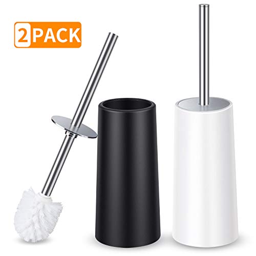 Product Cover Toilet Brush And Holder Stainless Steel, HOMTOYOU Length Handle Toilet Bowl Brush Scrubber Set With Durable Bristles And Sturdy Stand For Toilet And Bathroom (White And Black 2 Pack)