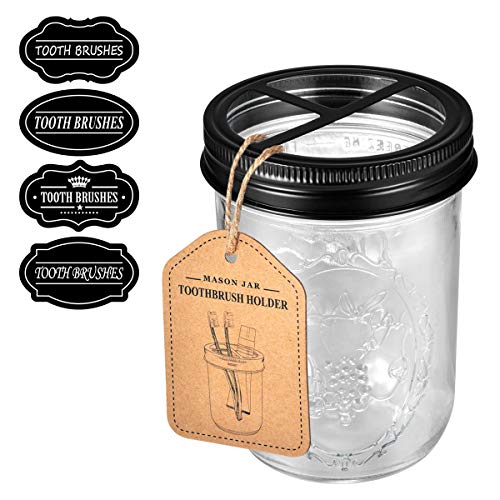 Product Cover Andrew & Sarah Mason Jar Toothbrush Holder Black - with 16 Ounce Ball Mason Jar,Premium Rustproof 304 Stainless Steel Lid and Chalkboad Labels - Rustic Farmhouse Decor Black Bathroom Accessories