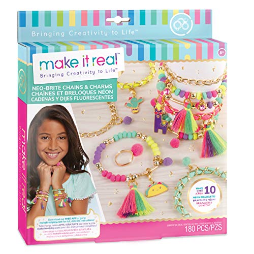 Product Cover Make It Real - Neo-Brite Chains and Charms. DIY Gold Chain Charm Bracelet Making Kit for Girls. Arts and Crafts Kit to Create Unique Tween Bracelets with Neon Beads, Unique Pom Charms, and Gold Chains