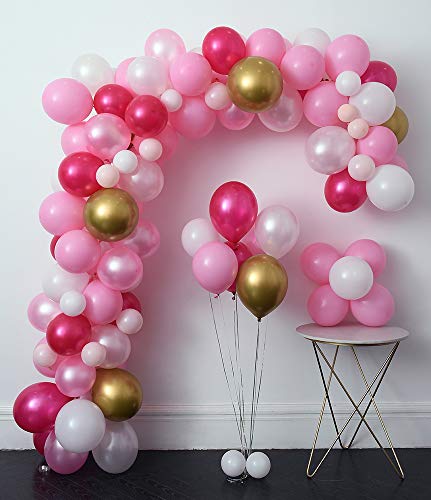 Product Cover Pink Party Balloons 110 Pcs 12in Hot Pink & Gold Metallic Balloons Pearlescent Balloons Arch &Decorating Strip+Balloon Tying Tools+Glue Dots+Flower Clips+Silver Ribbons,Wedding, Baby Shower, Party