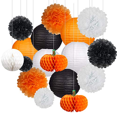 Product Cover 18Pcs Party Pack Paper Lanterns and Pom Pom Balls Hanging Decoration for Halloween Wedding Birthday Baby Shower-Black/Orange/White