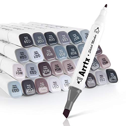 Product Cover Arrtx 30 Colors Grayscale Markers Set, Alcohol Based Markers Dual Tip with Carry Bag, Permanent Artist Markers Pen for Anime Portrait Illustration Sketching Drawing Coloring