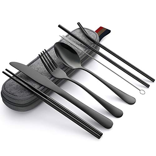 Product Cover Devico Portable Utensils, Travel Camping Cutlery Set, 8-Piece including Knife Fork Spoon Chopsticks Cleaning Brush Straws Portable Case, Stainless Steel Flatware set (8-piece Black)