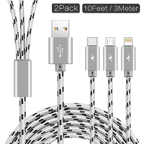 Product Cover 2Pack ASICEN Multiple Fast Charging Cable, Multi Charger Cord Nylon Braided 10ft/3m 3 in 1 USB Charge Cord with Phone/Type C/Micro USB Connector for Phone/Galaxy S9/S8/S7/Hawei and More (Gray-Black)