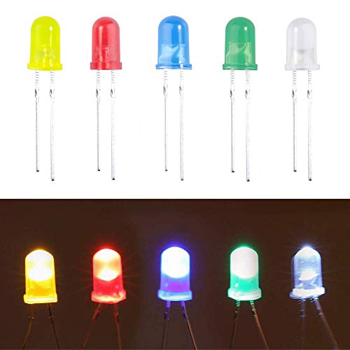 Product Cover (100 Pcs) MCIGICM 5mm LED Light Diodes, Red/Green/Yellow/Blue/White LED Circuit Assorted Kit for Science Project Experiment