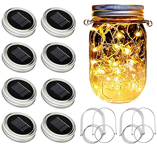 Product Cover SunKite Solar Mason Jar Lights [Updated], 8 Pack 20 LED Waterproof Fairy Firefly Jar Lids String Lights with Hangers(NO Jars), Patio Yard Garden Wedding Decoration - Warm White