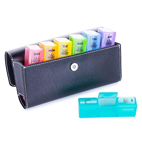 Product Cover BUG HULL Pill Organizer 3 Times a Day with PU Leather Case, Large Weekly Pill Box, 7 Day Pill Case for Vitamins, Daily Pill Holder for Supplements