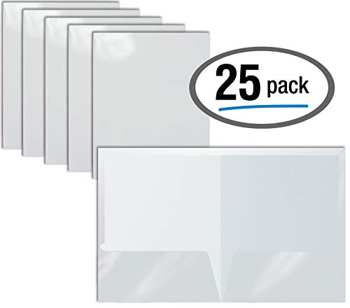 Product Cover 2 Pocket Glossy Laminated White Paper Folders, Letter Size, 25 Pack, White Paper Portfolios by Better Office Products, Box of 25 White Folders