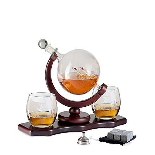 Product Cover Chefoh Glass Globe Decanter Set w/Whiskey Glasses, Reusable Steel Ice Cubes, Cherry Wood Stand, Tongs, Pour Funnel | Liquor, Wine, Scotch | Vintage Home, Dining, Bar Decor