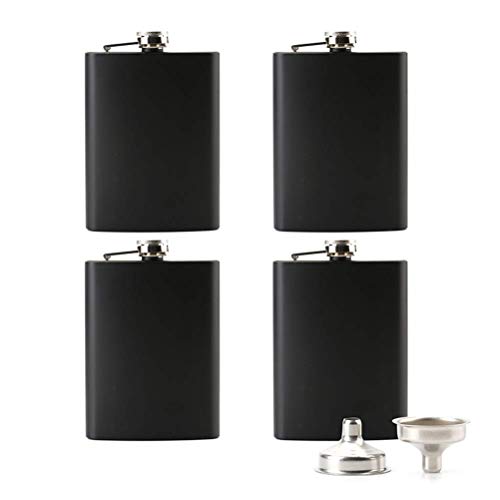 Product Cover Tebery 8 oz Stainless Steel Black Hip Flask Set Leakproof Flask with Free Bonus Funnel Great Groommans or Bridal Wedding Gift, Set of 4