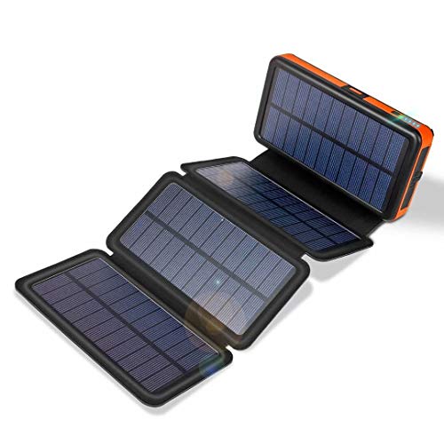 Product Cover 20000mAh Solar Charger with Dual 2.4A Outputs and Quick Charge Type C 3A Output/Input,Solar Power Bank with 4 Waterproof Foldable & Removable External Battery Pack,Works for Smartphone and More
