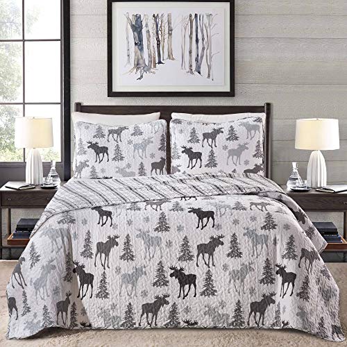 Product Cover Lodge Bedspread Full/Queen Size Quilt with 2 Shams. Cabin 3-Piece Reversible All Season Quilt Set. Rustic Quilt Coverlet Bed Set. Wilderness Collection (Moose - Grey)