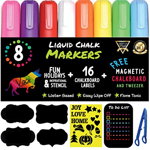 Product Cover Chalk Markers by Vaci, Pack of 8 + Christmas Drawing Stencils + 16 Labels, Premium Liquid Chalkboard Neon Pens, Including Stencil,Tweezers and Magnetic Chalkboard, Bullet or Chisel Reversible Tips