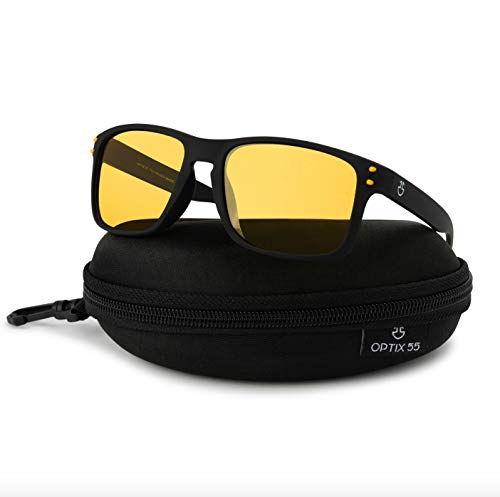 Product Cover Optix 55 Night Vision Glasses for Driving, Anti-Glare Polarized, Night Driving Glasses for Men & Women, Yellow-Tinted with Hard Case (Night Vision/Black)