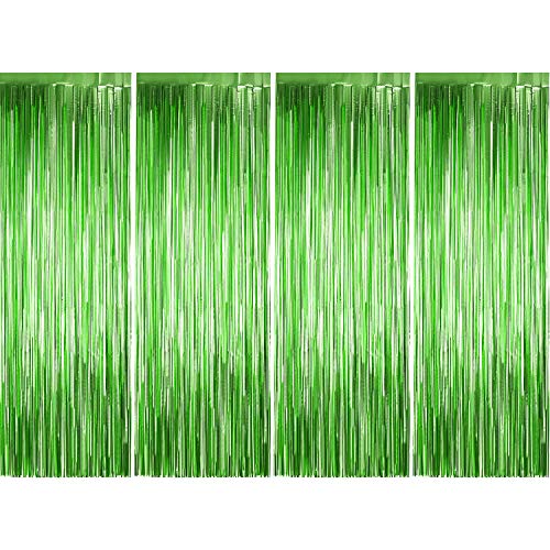 Product Cover 4 Pack Photo Booth Backdrops Foil Curtains Metallic Tinsel Backdrop Curtains Door Fringe Curtains for Wedding Birthday Christmas Halloween Disco Party Favour Decorations (Matt Green)