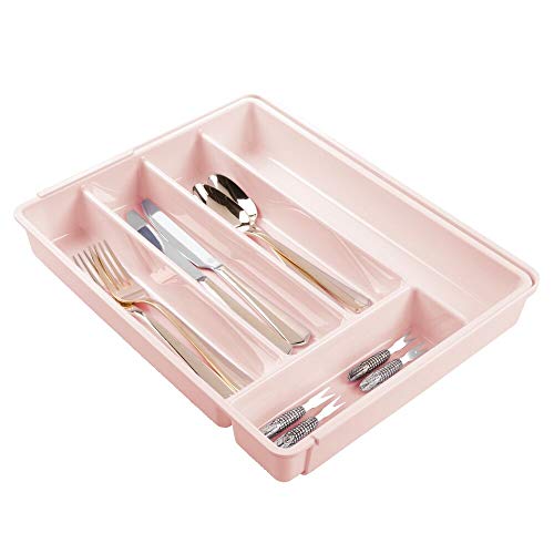 Product Cover mDesign Adjustable, Expandable Plastic Kitchen Cabinet Drawer Storage Organizer Tray - for Storing Organizing Cutlery, Spoons, Cooking Utensils, Gadgets - Light Pink/Blush