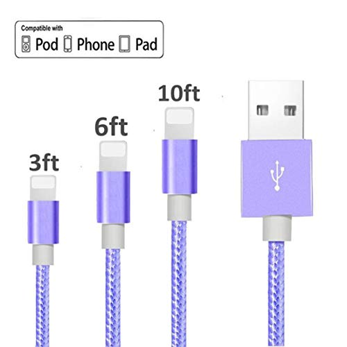Product Cover Phone Charger Cable, 3PACK 3ft 6ft 10ft Nylon Braided Fast Charging USB Power Cord Compatible with Phone X/8/8Plus/7/7Plus/6/6Plus/6S/6SPlus/5/5S/SE,Pad,Pod - Violet