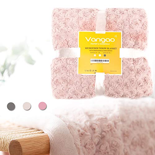 Product Cover Vangao Throw Blanket Dimensional Rose Pattern Design Light Weight Luxurious Cozy Fuzzy Texture Hypoallergenic for Couch Chair Bed 50x60, Pink