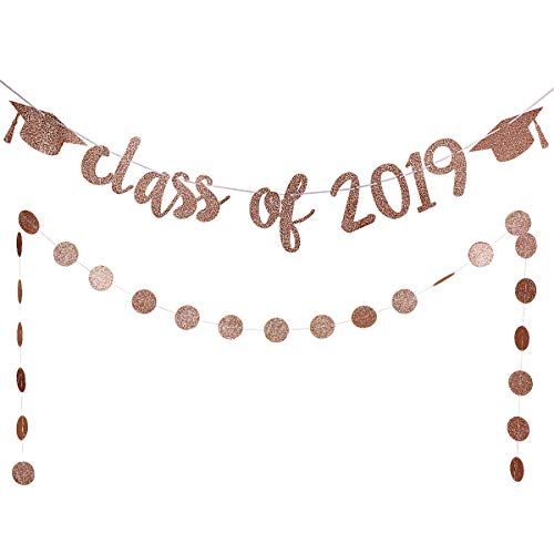 Product Cover Rose Gold Glittery Class Of 2019 Graduation Cap Banner and Rose Gold Circle Dots Garland,Graduation or Grad Party Decoration Supplies