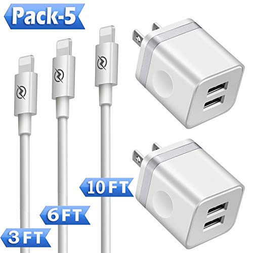 Product Cover Phone Charger (Pack of 5) , DENWAN 3ft+6ft+10ft Long Charging Cable and Dual USB Wall Plug Charger Block Cube Compatible with Phone 11/ XS/XR/X 8/7/6/Plus SE/5S/5C, Pad Air Mini Pro