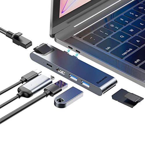 Product Cover USB C Hub Adapter, Baseus 7-in-2 Thunderbolt 3 Hub for MacBook Pro 2018/2017/2016, MacBook Air 2018,with 40Gbps Thunderbolt 3 5K@60Hz and 87W PD,Ethernet Port,4K HDMI,2 USB 3.0,SD/Micro SD Card Reader