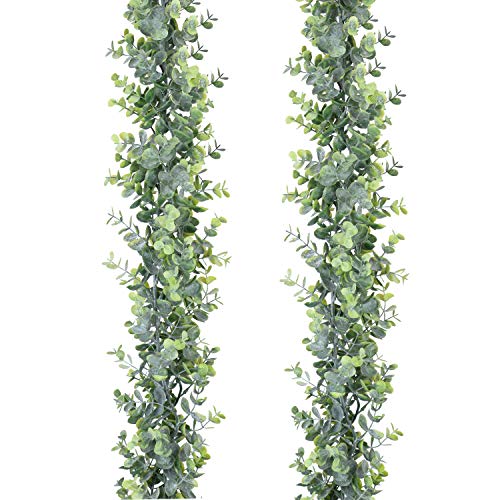 Product Cover DearHouse Faux Eucalyptus Garland Plant, 2 Pack Artificial Vines Hanging Eucalyptus Leaves Greenery Garland for Wedding Backdrop Arch Wall Decor, 6 Feet/pcs UV Protected Indoor Outdoor