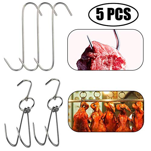 Product Cover TIHOOD 2pcs Stainless Steel Duck Hooks + 3pcs S-Hooks for Bacon Hams Meat Processing Butcher Hook Hanging Drying BBQ Grill Cooking Smoker Hook Tool